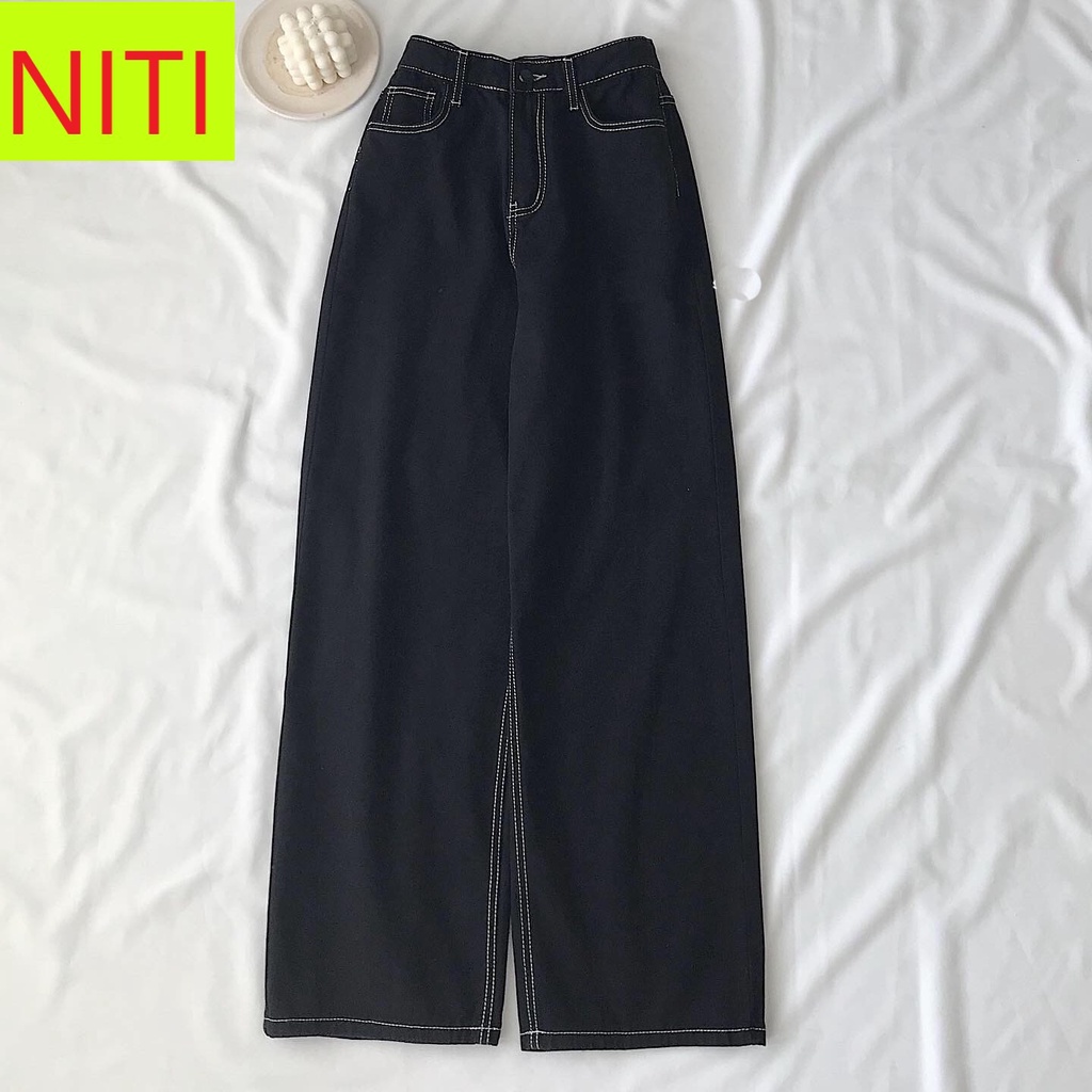 [ HỚN HỞ ] QUẦN JEANS ỐNG RỘNG NỮ LƯNG CAO LAI CUỐN MÀU ĐEN CHỈ NỔI FORM DÀY DẶN MỀM MỊN CAO CẤP NITI PHONG CÁCH NỔI BẬT