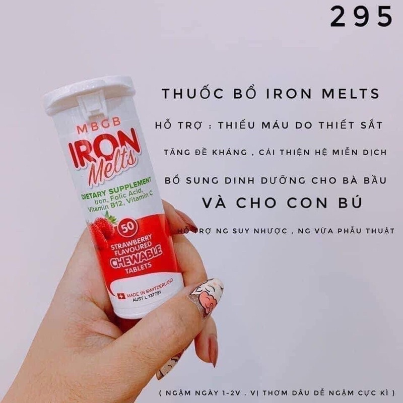 Viên sắt ngậm Iron Melts vị dâu 50 viên của Úc