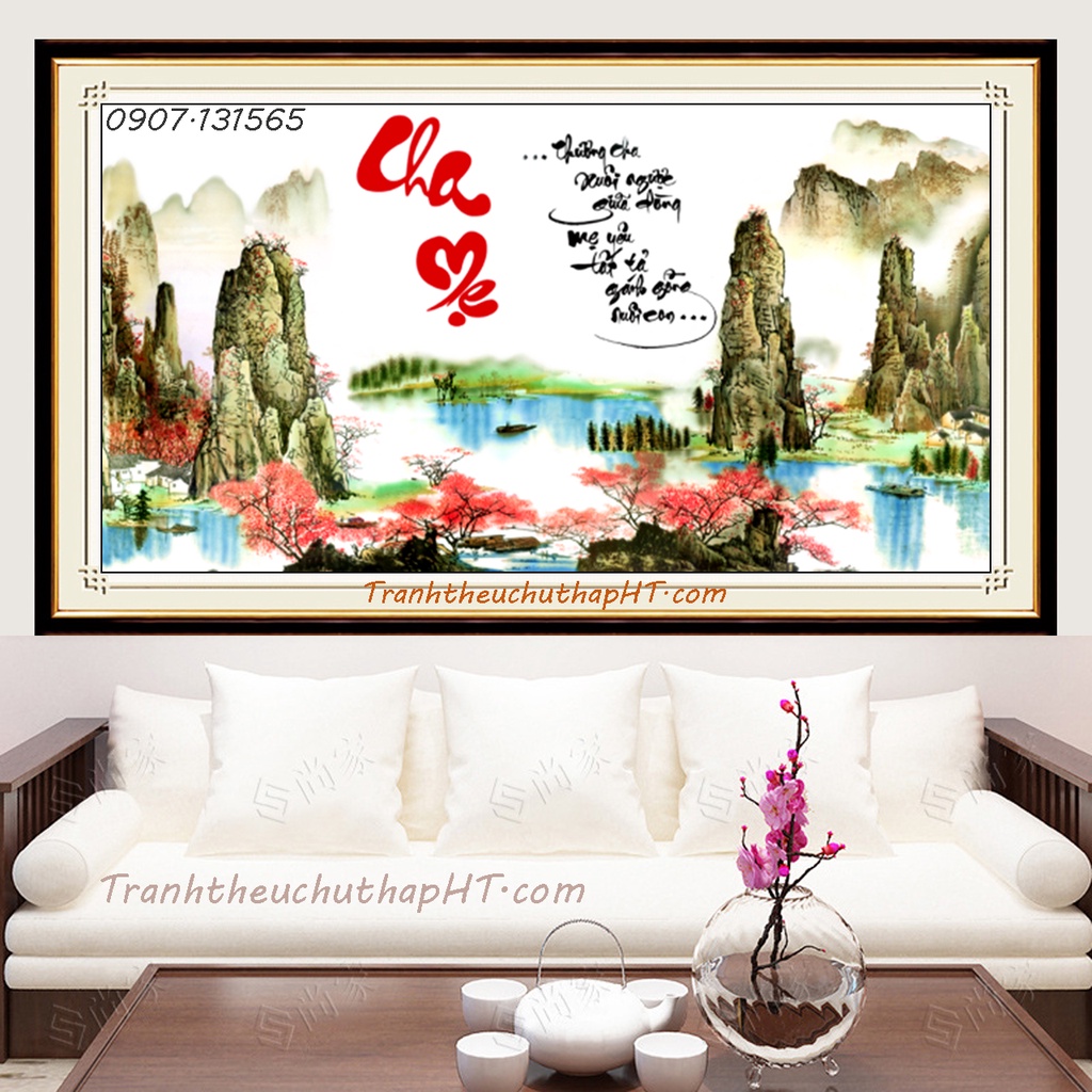 Tranh đính đá - Tranh thêu chữ thập Cha mẹ LV462, LV3456: 125*60cm - Chưa thêu