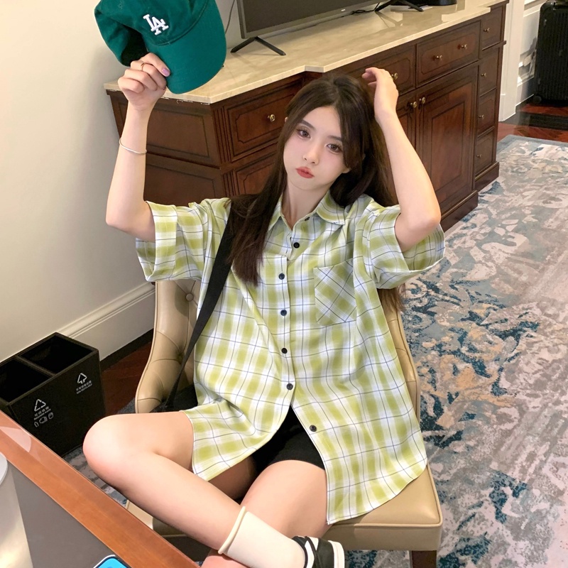 【ZHELIHANGFEI】Áo Sơ Mi Tay Ngắn Dáng Rộng Họa Tiết Sọc Theo Phong Cách Nhật Bản Dễ Phối Đồ