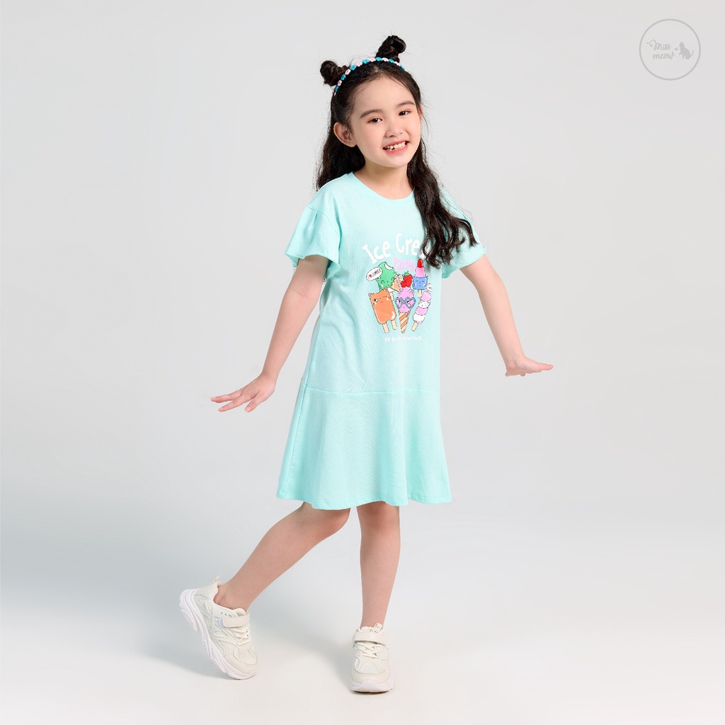 Váy Bé Gái Miss Meow, Đầm Cho Bé Chất Cotton Bèo Gấu In Ice Cream Size Đại 3-11 Tuổi