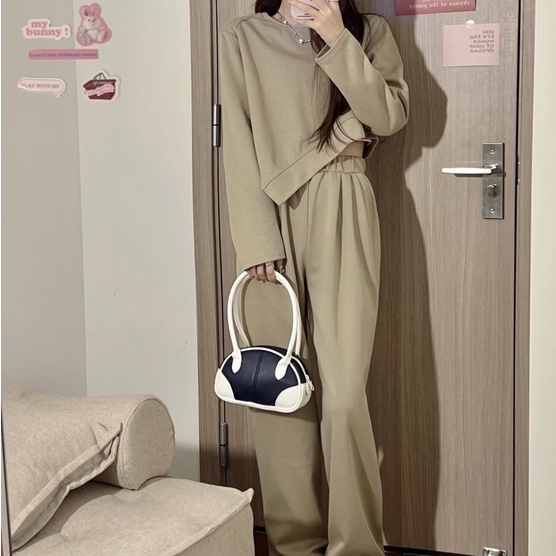 ZHELIHANGFEI Set Áo Thun Tay Dài Phối Quần Dài Lưng Cao Ống Rộng Thời Trang Cá Tính Cho Nữ