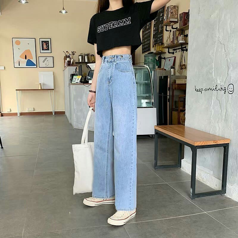 [ FREESHIP ] QUẦN JEAN ỐNG RỘNG NỮ LƯNG CAO MÀU XANH NHẠT CAO CẤP UTI PHỐI CẠP CHỈNH SIÊU XỊN SÒ, VÀI DÀY, FORM CHUẨN