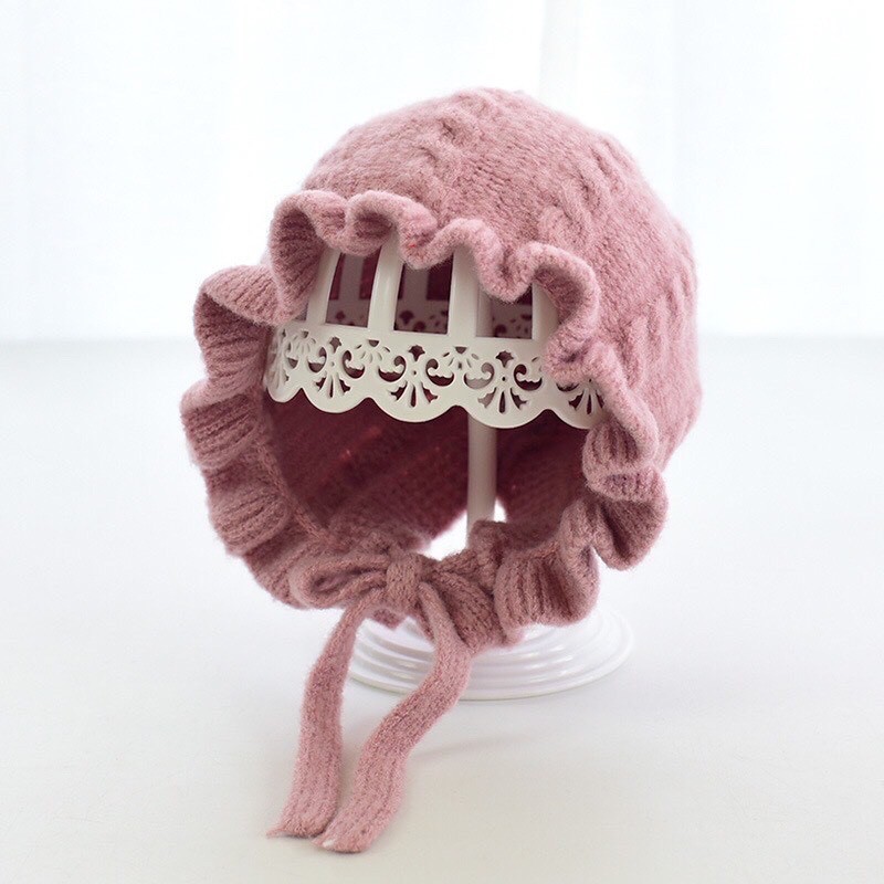 Mũ len bèo(3 màu: vàng, hồng, kem) loại buộc dây cho bé gái từ 6 tháng đến 2 tuổi
