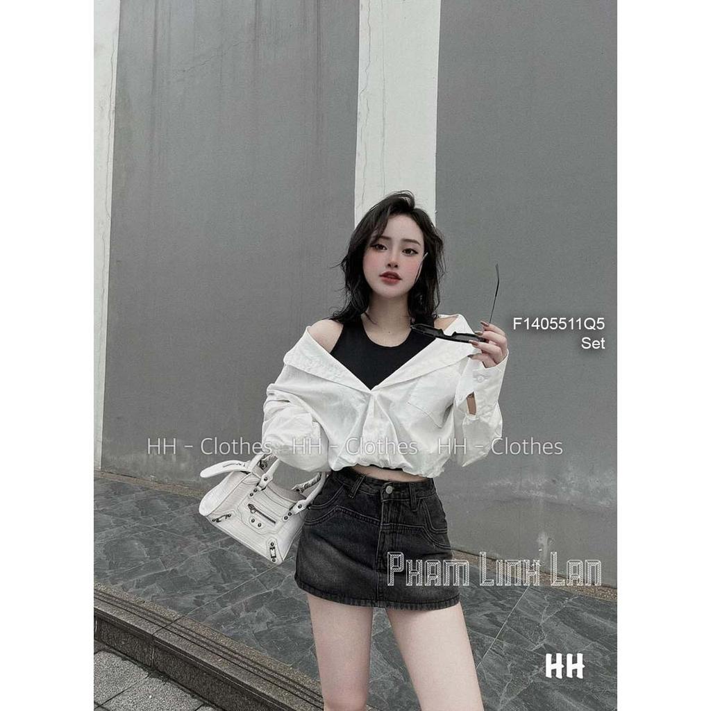Set áo sơ mi trắng form croptop phối áo đen ba lỗ!