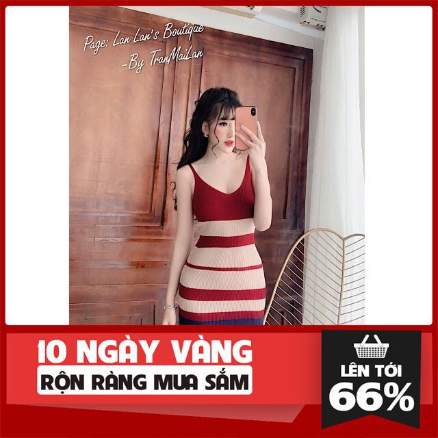 [ Big Sale ] Váy len body hai dây sọc ngang Quảng châu nữ họa tiết cao cấp hàng đẹp- Váy len montoghi thời trang elly