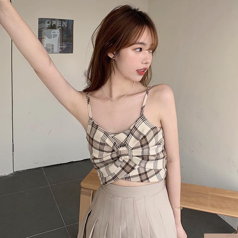 Áo croptop sát nách kẻ sọc caro đính nơ thời trang Hàn Quốc tùy chọn màu sắc dành cho nữ