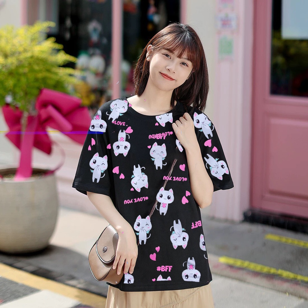 Áo thun nữ phom rộng Áo phông dáng rộng cổ tròn in hình mèo ALALA