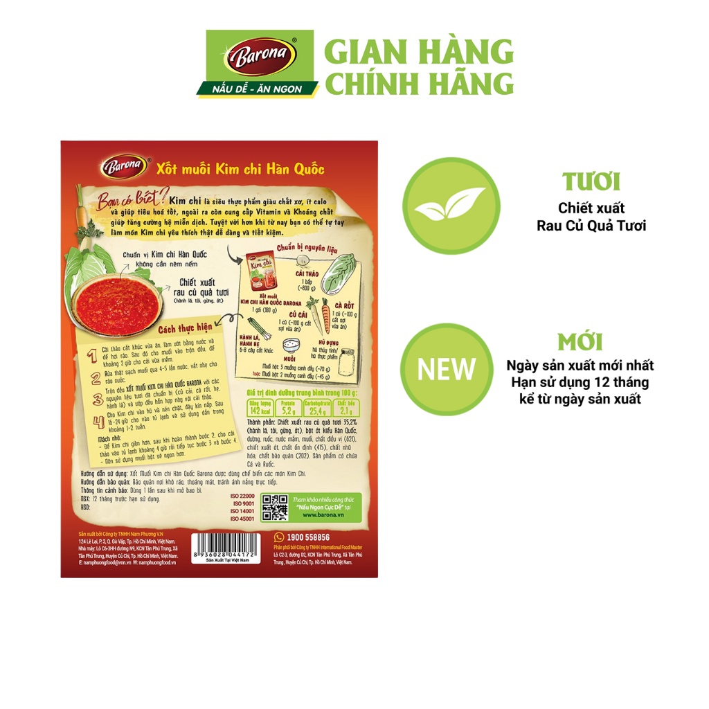 Xốt Muối Kim Chi Hàn Quốc Barona 180g, Combo 3 gói Tặng 1 Hũ Thủy Tinh Cao Cấp