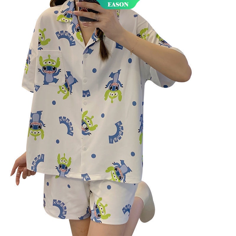 Bộ Đồ Ngủ Tay Ngắn In Họa Tiết Hoạt Hình Stitch Phong Cách Nhật Bản Thời Trang Mùa Hè Cho Nữ