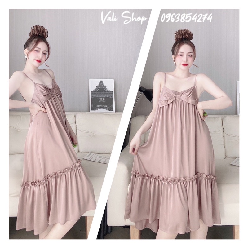 Váy ngủ lụa latin 2 dây màu trơn freesize 42-60kg