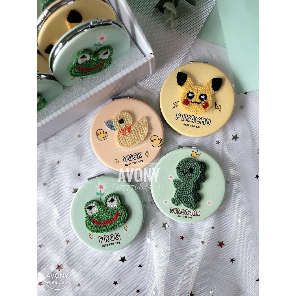 Gương trang điểm bỏ túi mini đính hình thú thêu khủng long, ếch, vịt, pikachu