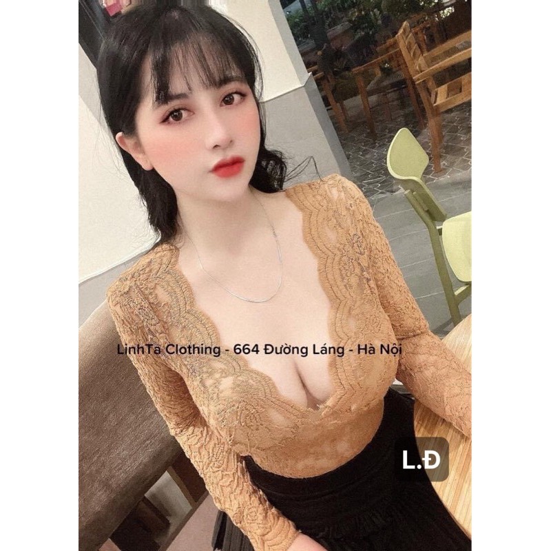 Áo ren cổ tim dài tay