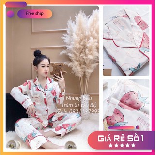 Đồ bộ pijama hot hit 💟💟 freeship giao nhanh trong ngày 💟💟 lụa satin tay dài họa tiết dâu cao cấp