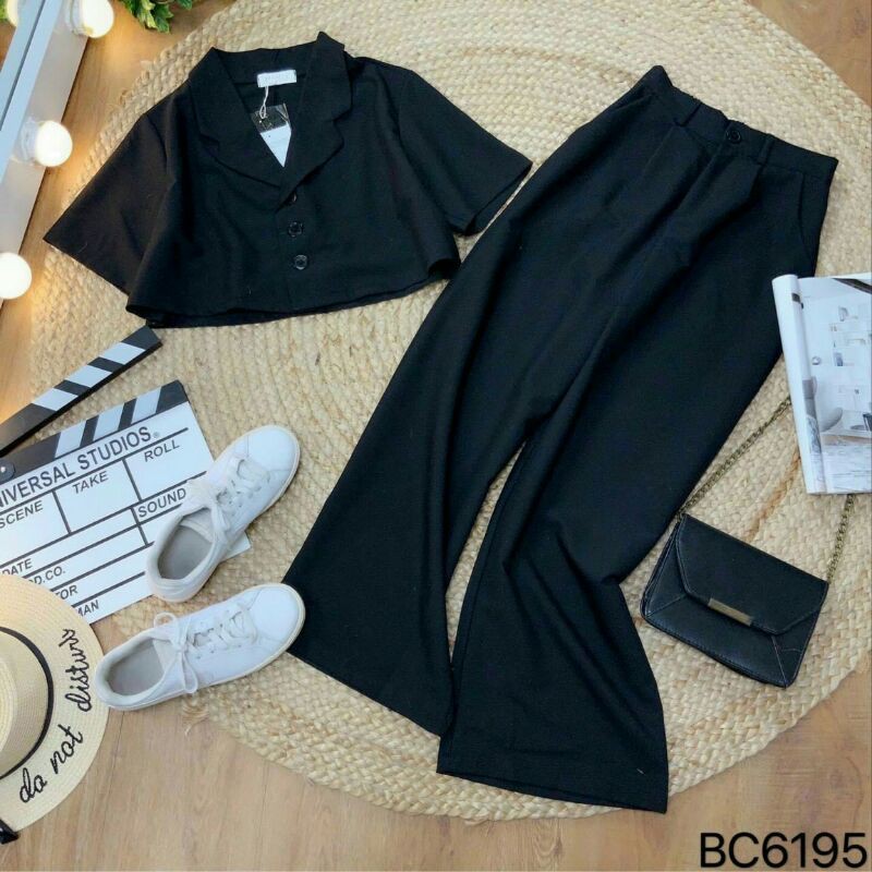 Set bộ quần ống rộng áo croptop nút gài giả vest siêu sang chảnh