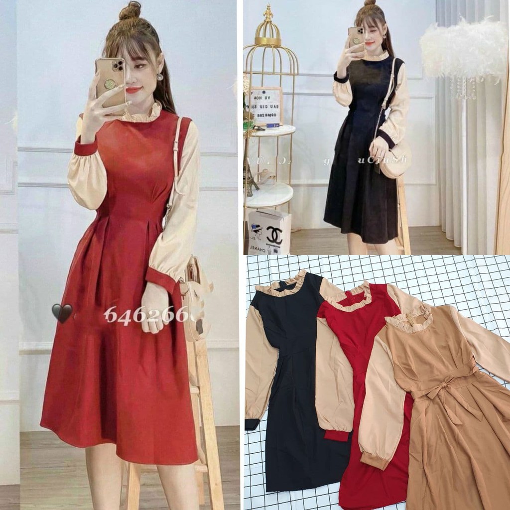 Đầm suông tay dài phối màu trẻ trung, ĐẦM TAY PHỐI VIỀN CỔ