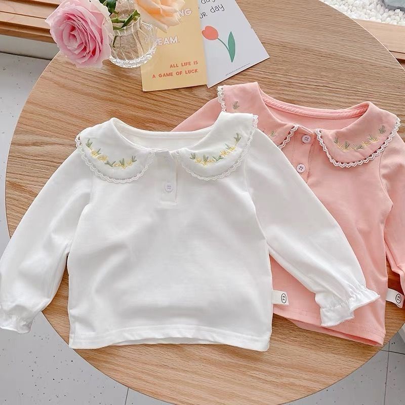 Áo Sơ Mi Tay Dài Cổ Búp Bê Thêu Họa Tiết Thời Trang Nhật Hàn Cho Bé Gái 0-2 Tuổi