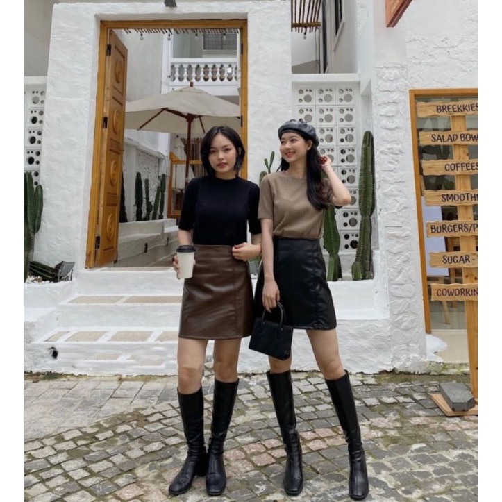 Chân Váy Da Pu Dáng Chữ A Lưng Cao Thiết Kế Đơn Giản