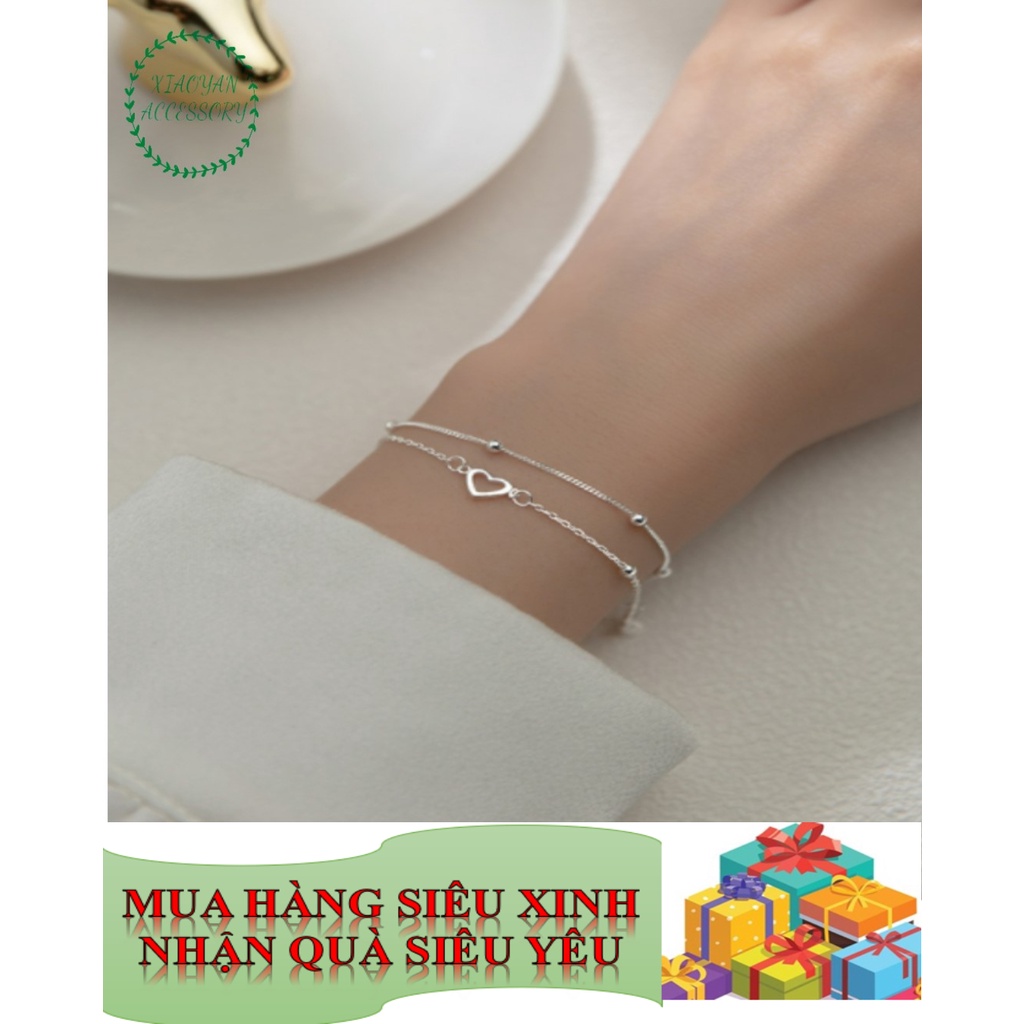 Lắc tay bạc Ý dây đôi mặt trái tim kết hợp hạt nhỏ (Xiaoyan_accessory)