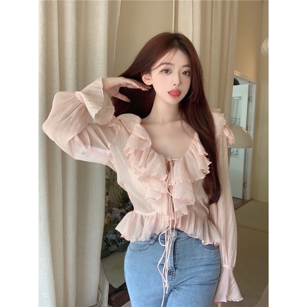 Áo tay dài tiểu thư cổ V viền bèo dây ngực kiểu bánh bèo phong cách VINTAGE 2022