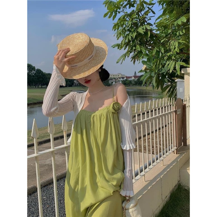 ✨BÁN SỈ✨Đầm maxi dai dây xamh cốm nơ ngực chất đũi tằm không nhăn