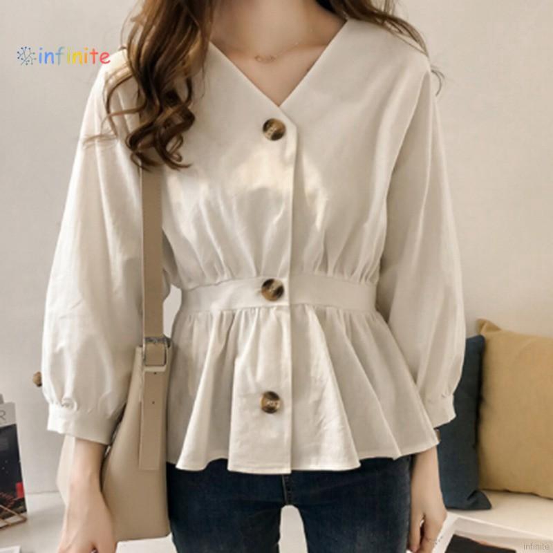 Áo kiểu tay dài cổ tim màu trơn đơn giản cho nữ
