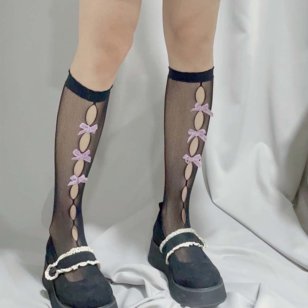 Đôi vớ dài đến đầu gối co giãn đính nơ phong cách lolita dành cho nữ