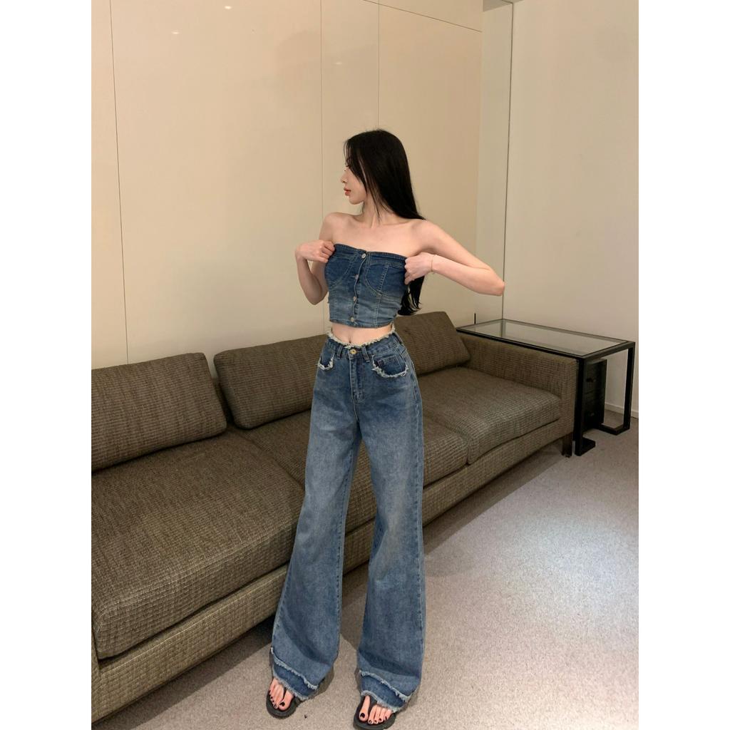 Cocory vn Bộ Áo Ngực Denim / Quần Jeans Tua Rua Thẳng Ống Rộng Lưng Cao Thời Trang Mùa Hè Quyến Rũ Cho Nữ