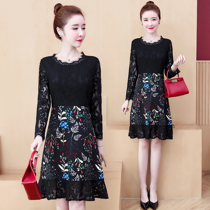 Ready Stock 5XL Korean Fashion Black Lace Long Sleeve Women Plus Size Midi Dress Casual Midi Dresses