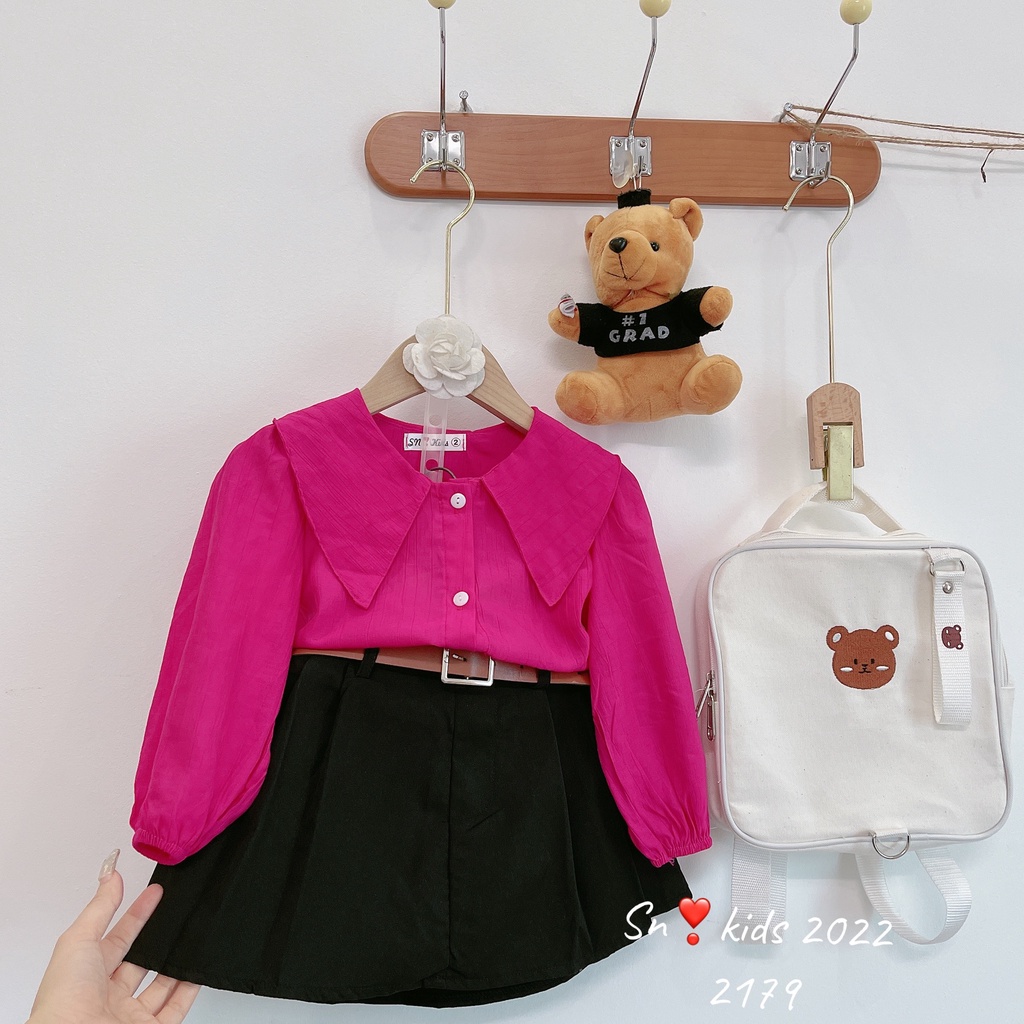 Quần áo bé gái, set áo tơ nhăn xịn cổ bản to kèm chân váy xếp ly tặng dây lưng cho bé size 10-35kg