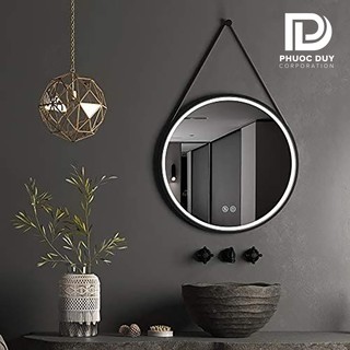 Gương tròn treo tường G6, Viền Da, Có Đèn LED, Nút Cảm Ứng tắt mở, Gương Treo Bàn Trang Điểm, Phòng Tắm, Nhiều Size