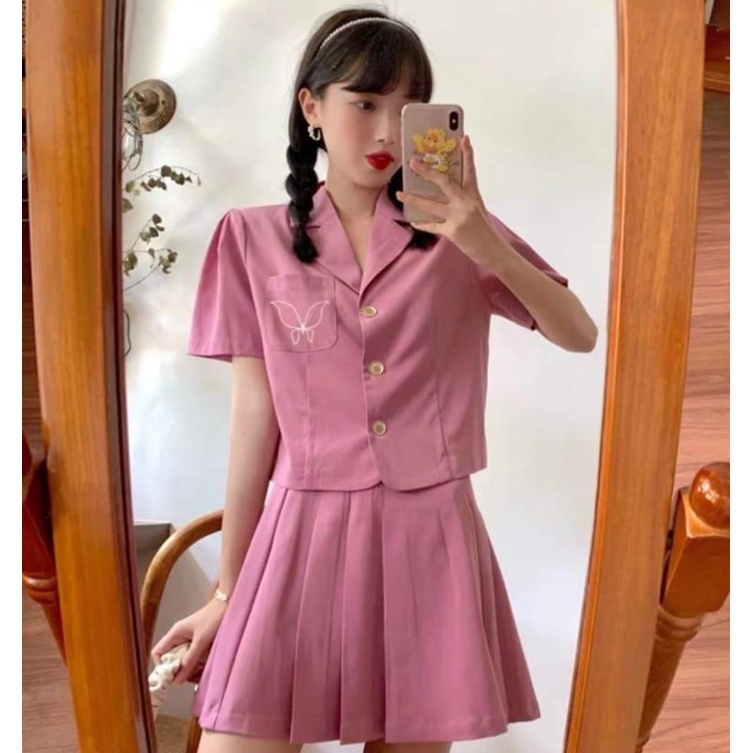 set áo vest chân váy xếp ly