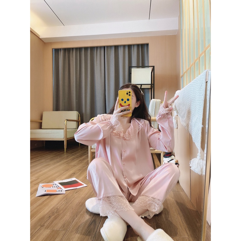 Set pijama lụa dài tay cao cấp Bộ mặc nhà sang chảnh thanh lịch