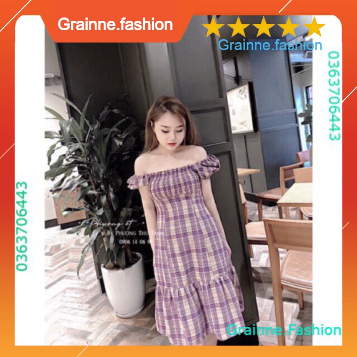 VÁY KẺ TÍM TRỄ VAI ĐUÔI CÁ CHO NỮ - ĐẦM MAXI CARO CỔ VUÔNG MÀU TÍM ULLZANG 💎  👗👑- GNFShop