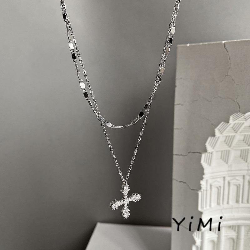 Vòng cổ Hai Lớp Mặt Chữ Thập Đính Đá Zircon Thời Trang