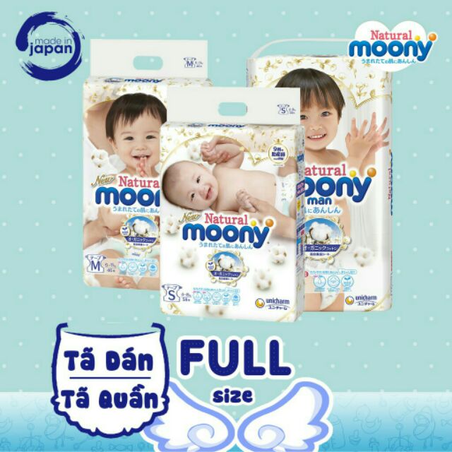 Bỉm MOONY NATURAL TỪ BÔNG HỮU CƠ dán/quần NB63/S58/M48/M46/L36/L38 nội địa Nhật
