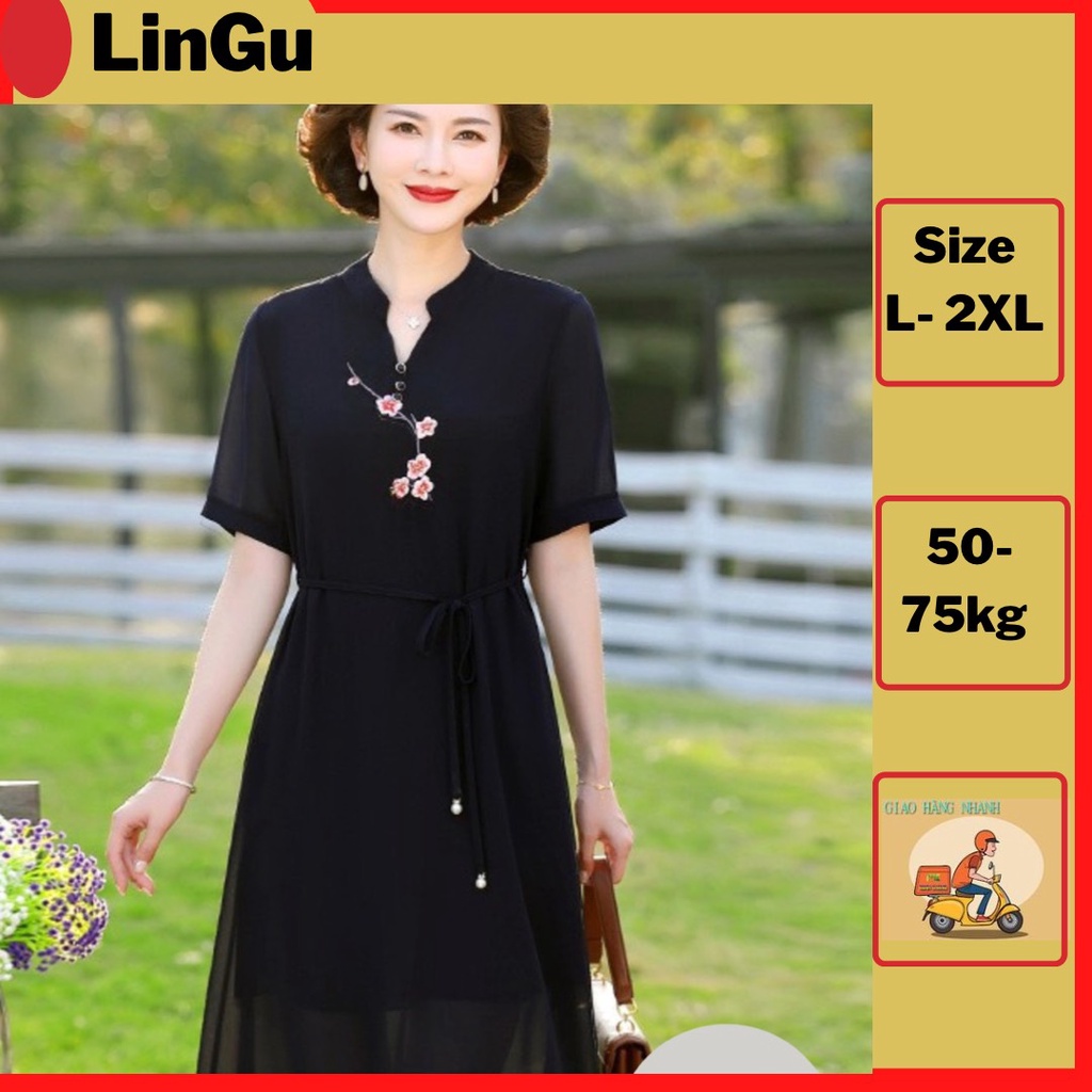 Đầm Thêu Hoa Đào, Chiffon Đính Nút D522, Mẫu Trung Niên Sang Trọng