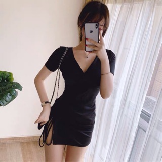 Đầm body cổ V rút dây xẻ đùi