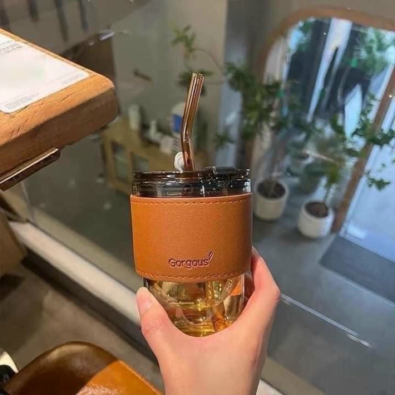 Cốc thuỷ tinh 450ml bọc da cao cấp có nắp tặng kèm ống hút