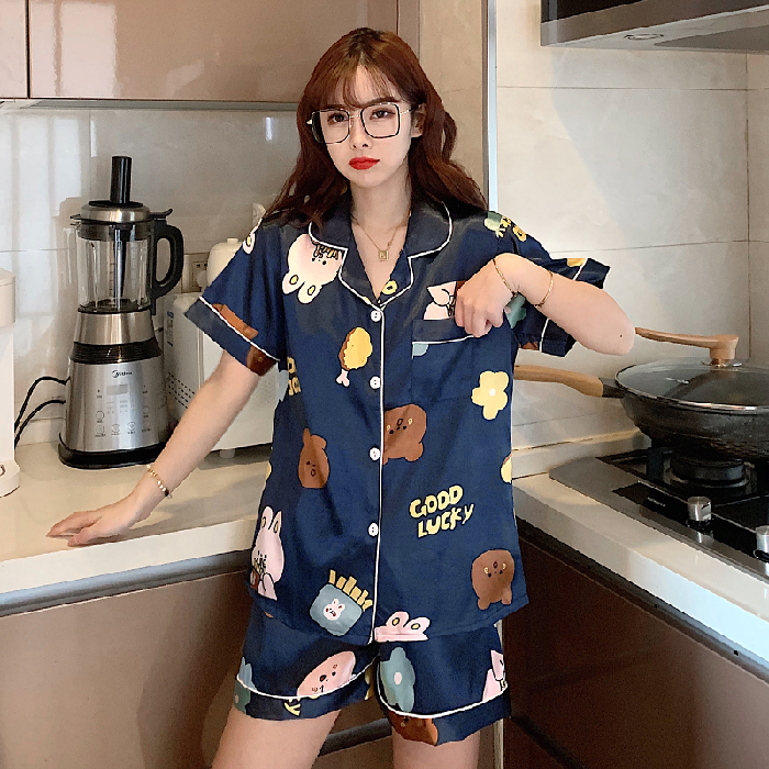 Bộ Đồ Ngủ Vải Phi Bóng Phong Cách Hàn Quốc Cho Nữ