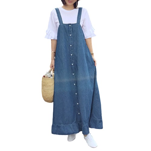 Đầm yếm denim dáng dài và rộng ZANZEA thời trang dành cho nữ