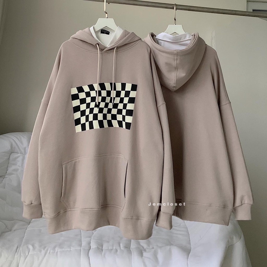 Áo hoodie nam nữ họa tiết bàn cờ có túi trước xinh xắn/ Áo nỉ có mũ tay bồng màu be sang chảnh mặc đôi mặc nhóm_kudoshop | BigBuy360 - bigbuy360.vn