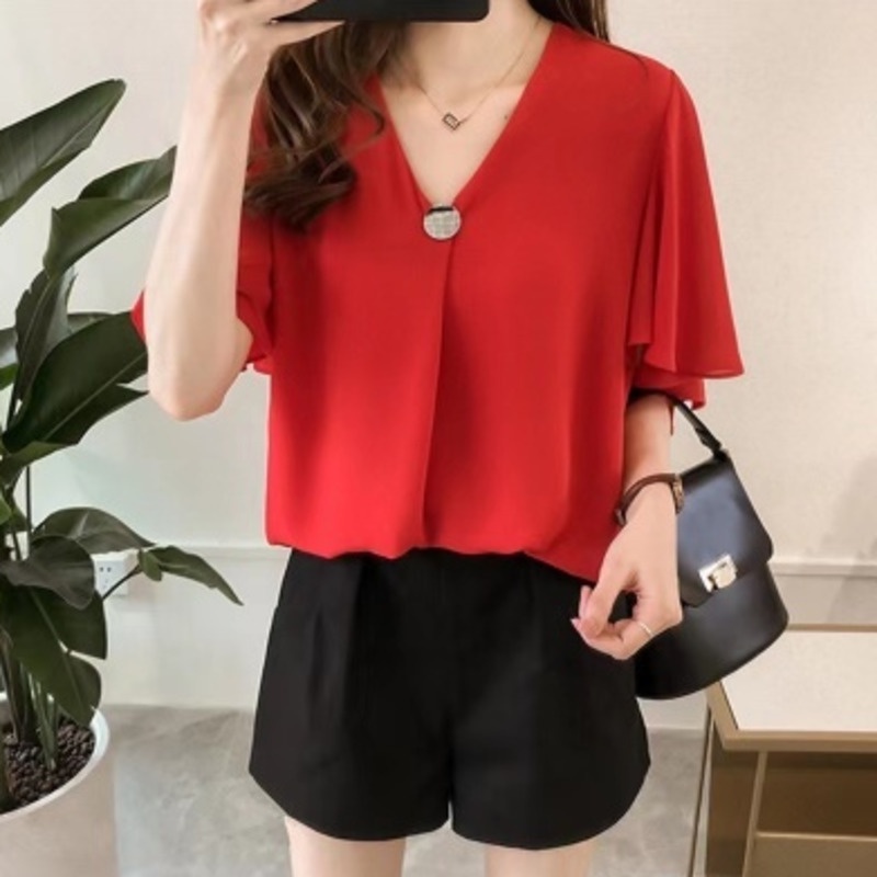 Áo Voan Ngắn Tay Thời Trang Xinh Xắn 156357 Áo Sơ Mi Tay Lá Sen Dáng Rộng Thiết Kế Đơn Giản Thời Trang