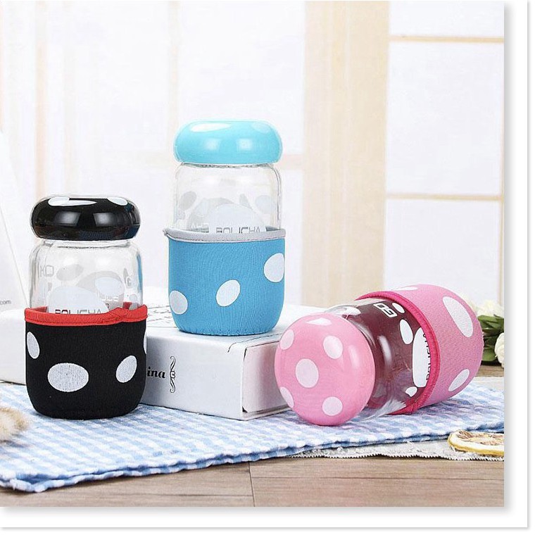 Bình nước cute hình nấm dung tích 300ml nấp kim loại có túi vải - GD0865