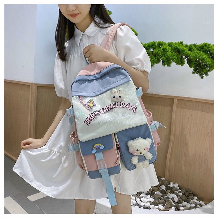 Ba lô trong vải canvas tặng kèm sticker và móc khóa gấu bông T1142