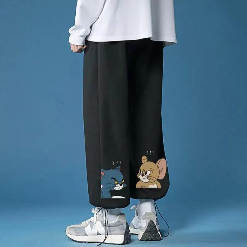Quần Jogger Thể Thao Dây Rút Eo Co Giãn Dáng Rộng In Hình Mèo Và Chuột Hoạt Hình Cho Nam