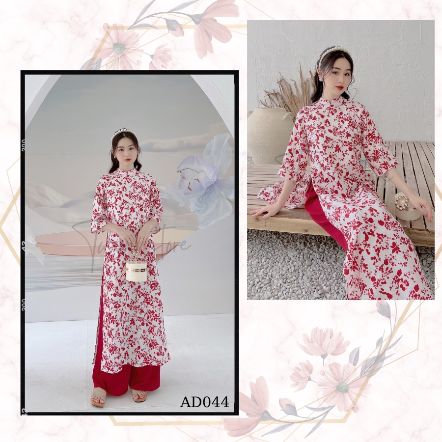 Áo dài nữ dáng suông kèm quần TWINS STORE chất lien, in hoa xinh xắn - AD044