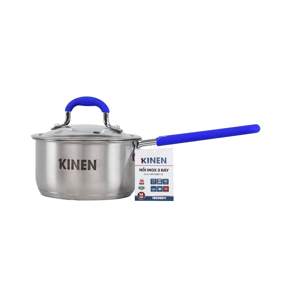 Quánh inox KINEN KPT1040 - F14 - Chất liệu Inox 430 cao cấp bền đẹp-Vung kính cường lực chịu lực, chịu-Đáy 3 lớp nhiệt