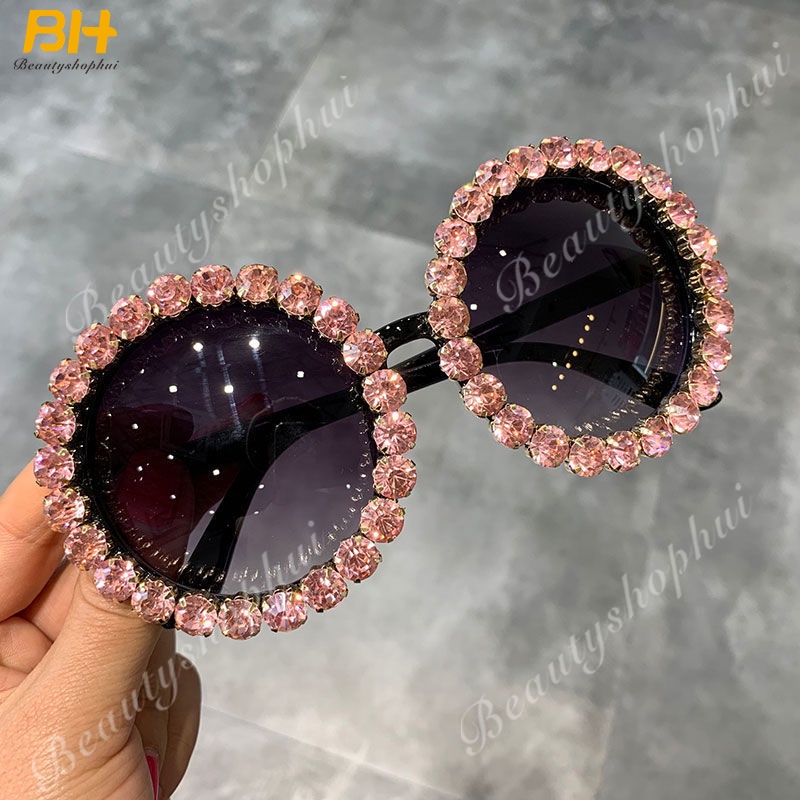 Kính Mát Gọng Tròn Lớn Đính Đá Thời Trang Hàn Quốc Cho Nữ