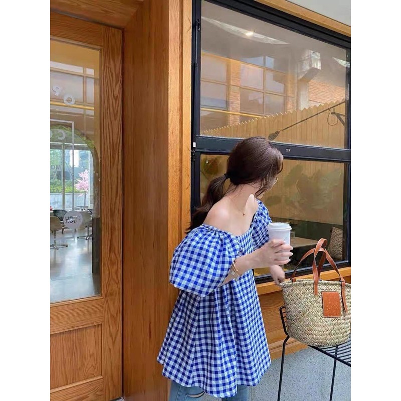 Váy trễ vai kẻ caro xanh | BigBuy360 - bigbuy360.vn